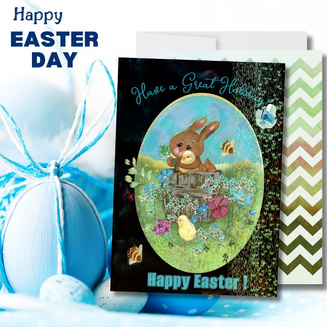 Tarjeta plana de vacaciones de Pascua con conejito (Easter Chicks and Bunny Black Flat Holiday Card)