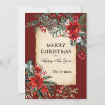 Tarjeta plana de vacaciones floral de Navidad clás