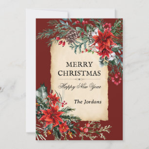 Tarjeta plana de vacaciones floral de Navidad clás