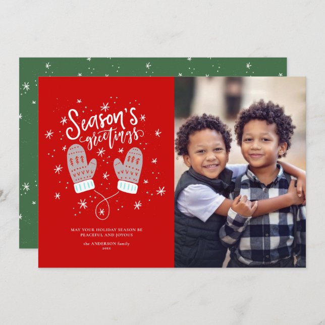 Tarjeta plana de vacaciones Hygge Mittens Navidade (Anverso / Reverso)