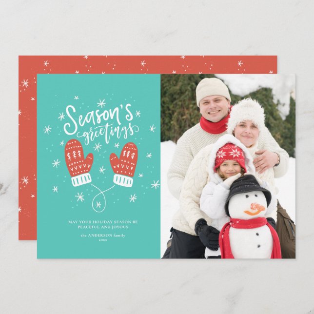 Tarjeta plana de vacaciones Hygge Mittens Navidade (Anverso / Reverso)