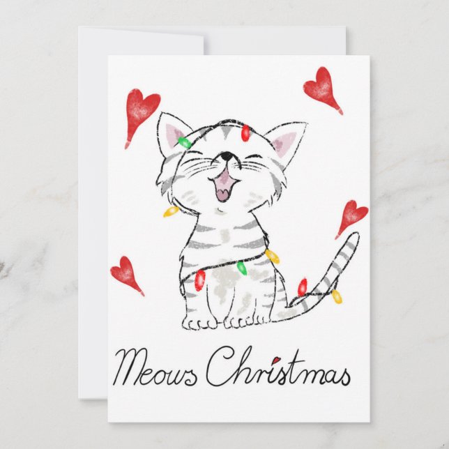 Tarjeta plana de vacaciones Meow Navidad gato (Anverso)