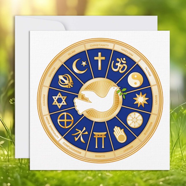 Tarjeta plana Dove of Peace de 5.25" x 5.25" (Dove of Peace. Gold icons of world faiths surround the Dove of Peace.)