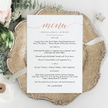 Tarjeta plana Faux Rosa Gold Caligraphy Menu<br><div class="desc">Sencillo Rótulo de menú clásico y elegante para bodas. Un diseño elegante en rosegold, negro y blanco o cualquier color de fondo que elija. Simplemente haga clic en el enlace personalizar adicional, que se muestra bajo el área de personalización de texto a la derecha, y elija el fondo de color...</div>