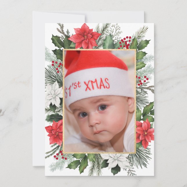 Tarjeta plana floral de Navidad con foto (Anverso)