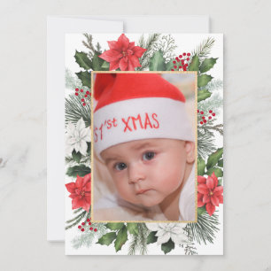Tarjeta plana floral de Navidad con foto