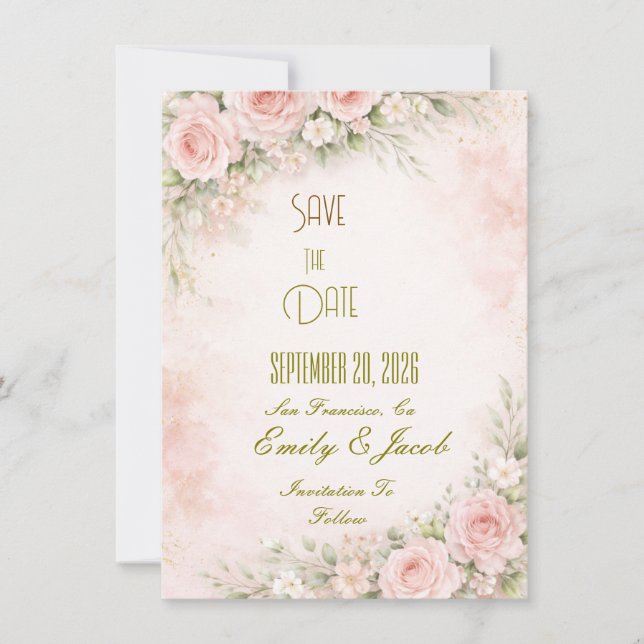 Tarjeta plana floral suave rubor para guardar la f (Anverso)