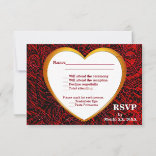 Tarjeta plana Gold Heart & Red Fabric RSVP y Menú