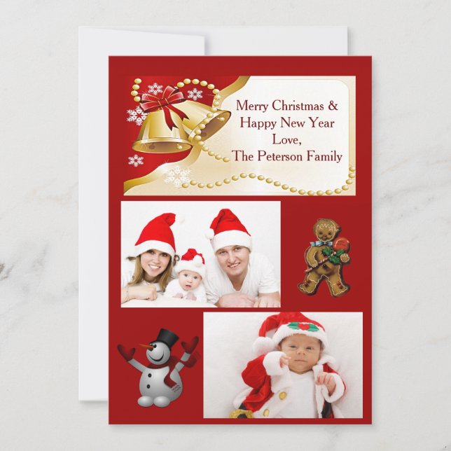 Tarjeta plana Gold XMas Bells, Beads and Snowflake (Anverso)