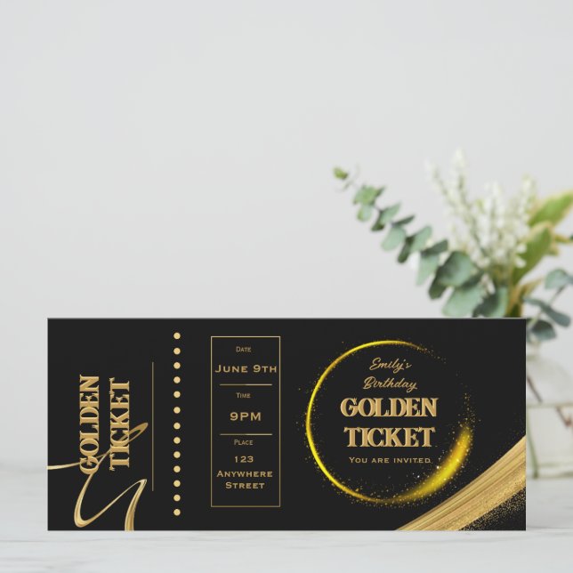 Tarjeta plana Golden Ticket Black and Gold Invitat (Anverso de pie)