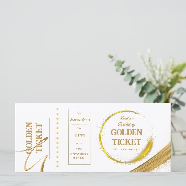 Tarjeta plana Golden Ticket White and Gold Invitat (Anverso de pie)