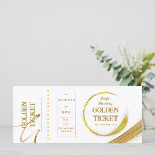 Tarjeta plana Golden Ticket White and Gold Invitat