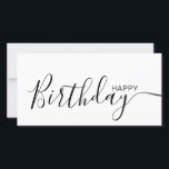 Tarjeta plana moderna blanca de cumpleaños feliz<br><div class="desc">Esta moderna y elegante tarjeta plana incluye texto negro Feliz Cumpleaños en la parte delantera y en la parte trasera lo personaliza con tu nombre o apellido. El fondo es blanco.</div>
