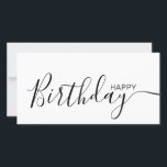 Tarjeta plana moderna blanca de cumpleaños feliz<br><div class="desc">Esta moderna y elegante tarjeta plana incluye texto negro Feliz Cumpleaños en la parte delantera y en la parte trasera lo personaliza con tu nombre o apellido. El fondo es blanco.</div>