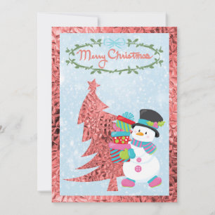 Tarjeta plana moderna de Snowman y árbol metálico