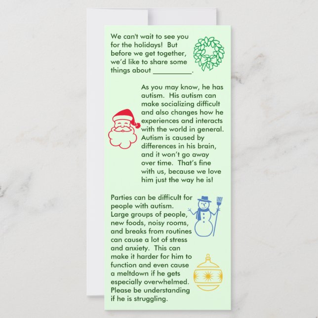 Tarjeta plana para niños Navidades de autismo (Anverso)