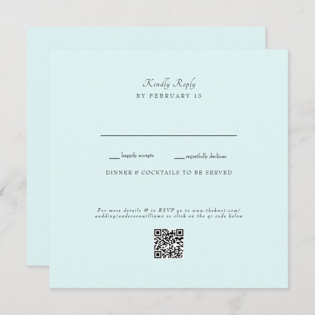 Tarjeta plana RSVP de código QR de Boda de Seafoam (Anverso / Reverso)