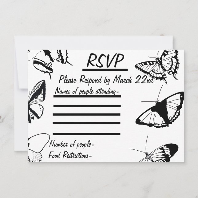 Tarjeta plana RSVP para mariposas blancas y negras (Anverso)