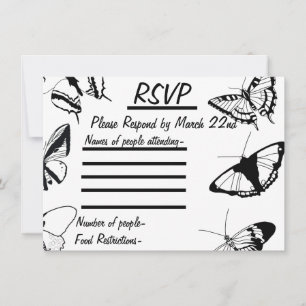 Tarjeta plana RSVP para mariposas blancas y negras