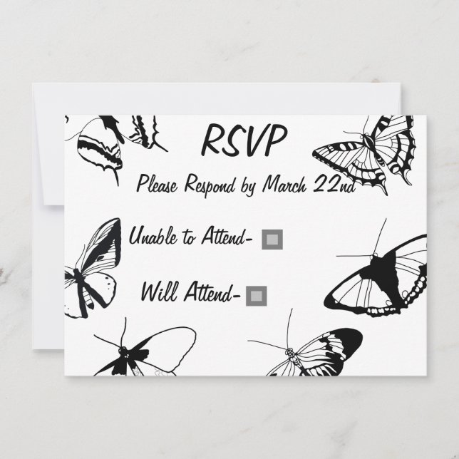 Tarjeta plana RSVP para mariposas blancas y negras (Anverso)