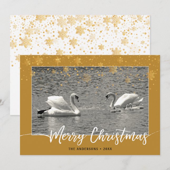 Tarjeta plana Swan Family Merry Christmas (Anverso / Reverso)