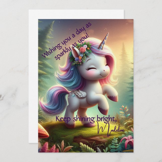 Tarjeta plana unicornio encantadora personalizada (Anverso / Reverso)