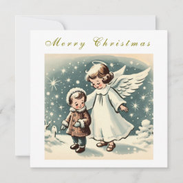 Tarjeta plana vintage de ángel y niño de Navidad