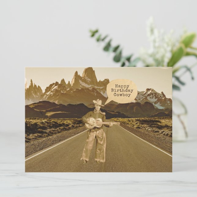 Tarjeta plana Vintage Singing Cowboy Birday (Anverso de pie)
