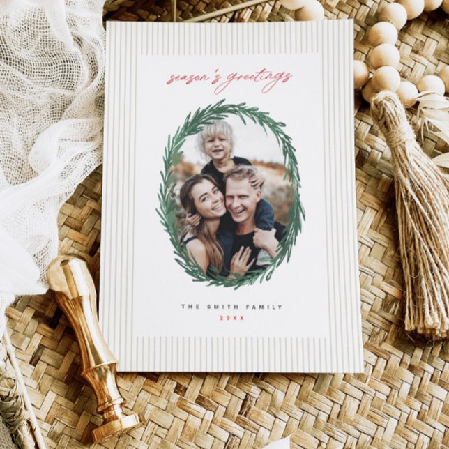 Tarjeta plana Wreath de Navidades de rayas clásica (Subido por el creador)