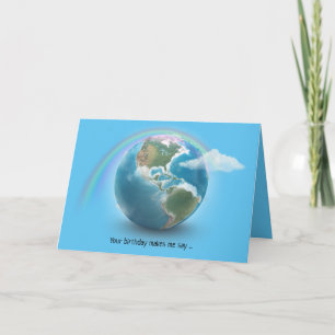 Tarjeta planeta Tierra con arco iris y cumpleaños nubes