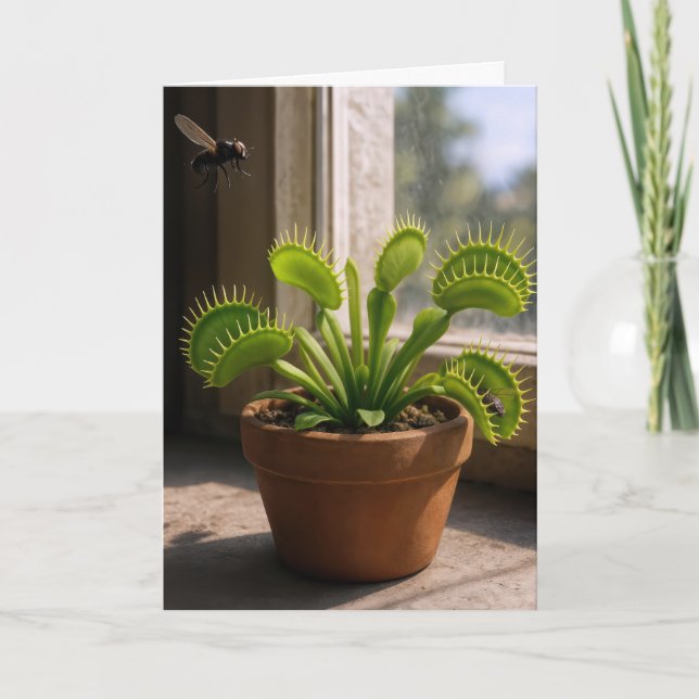 Tarjeta Planta de Venus Flytrap de cumpleaños con moscas (Anverso)