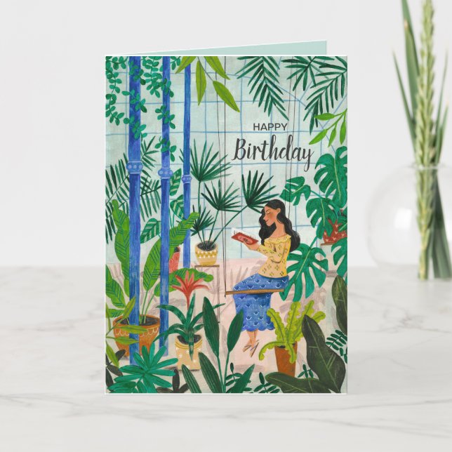 Tarjeta Plantas azules de invernadero que leen chicas (Anverso)