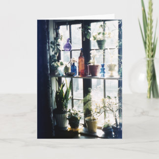 Tarjeta Plantas botánicas en botellas de vidrio coloridas