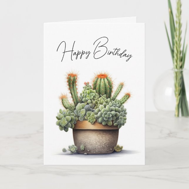 Tarjeta Plantas de cacti de cumpleaños en la olla (Anverso)