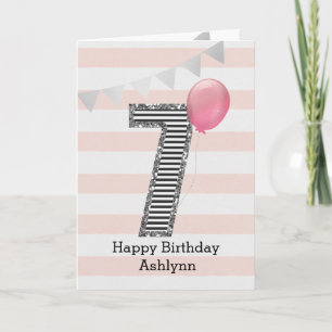 Tarjeta Plata Brillante y Rosa 7º Cumpleaños