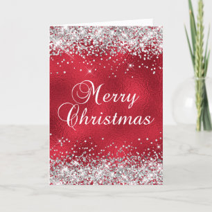 Tarjeta Plata Purpurina Rojo Vidrio Hoja Feliz Navidad