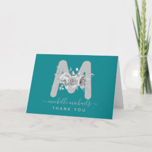 Tarjeta Plata Verde azulada Gracias Monograma Floral