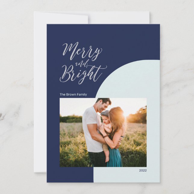 Tarjeta Plata y azul | Saludo de Navidades merry y brillan (Anverso)