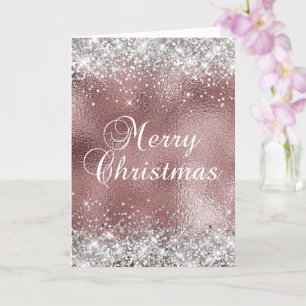 Tarjeta Plata y Rosa Dorado Brillante Navidad Merry Christ