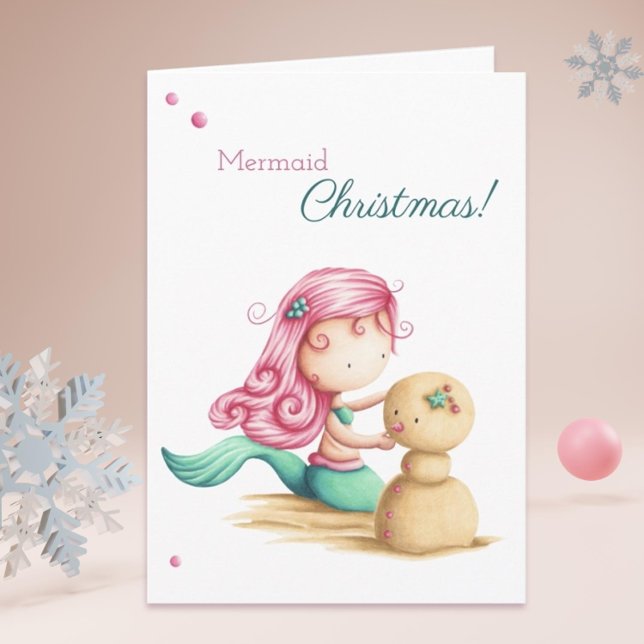Tarjeta Playa de verano de Navidades de sirenas (Cute summer mermaid Christmas card by Kinda Cute by Patricia Alvarez)