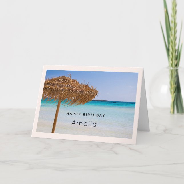 Tarjeta Playa Tropical Escénica con Cumpleaños de Sombrill (Anverso)