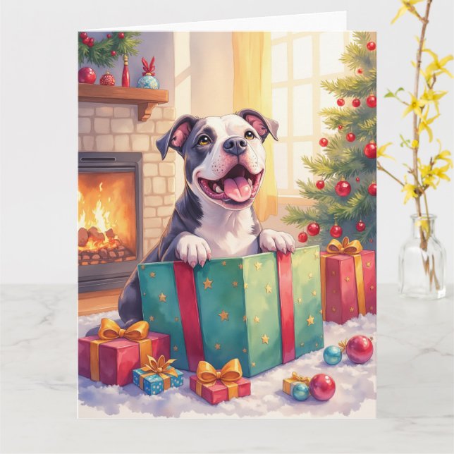 Tarjeta Playful Pitbull Opening Christmas Gifts Holiday (flor amarilla)