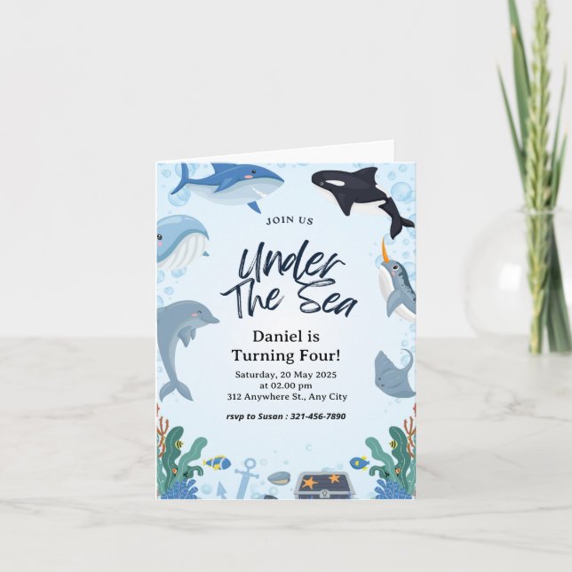 Tarjeta plegable de cumpleaños de tiburón náutico  (Anverso)