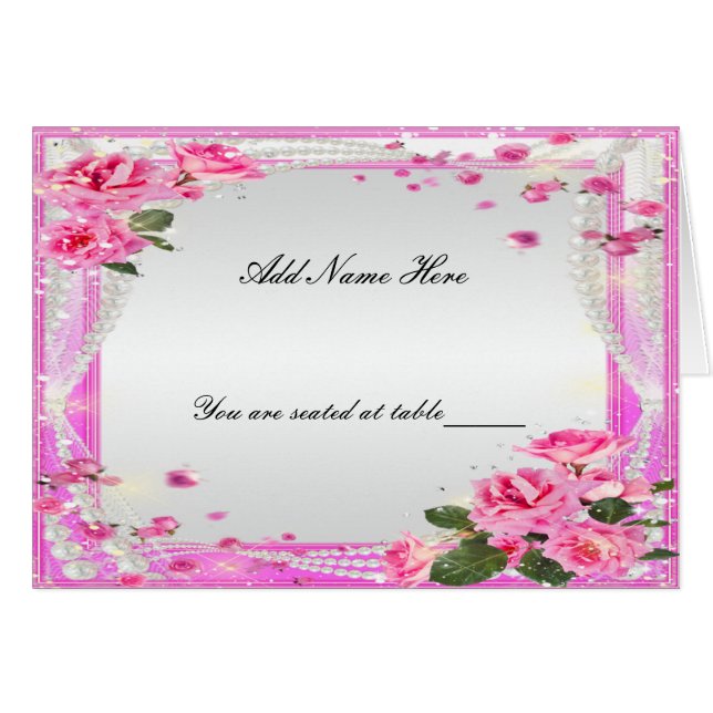 Tarjeta plegable de mesa con rosas rosas y perlas (Anverso (Horizontal))