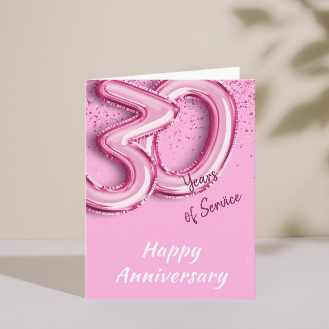 Tarjeta plegada de 30 años de aniversario de emple (Employee Anniversary 30 Years PinkBalloon Fold Card)