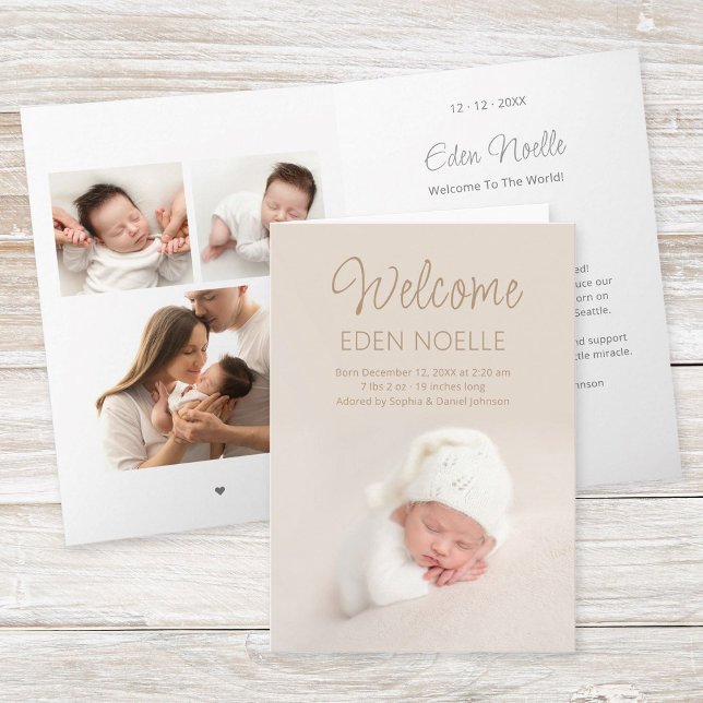 Tarjeta plegada de anuncio de nacimiento de collag (Brown elegant script, folded baby birth announcement card with 3 photo collage and gray tex inside. )