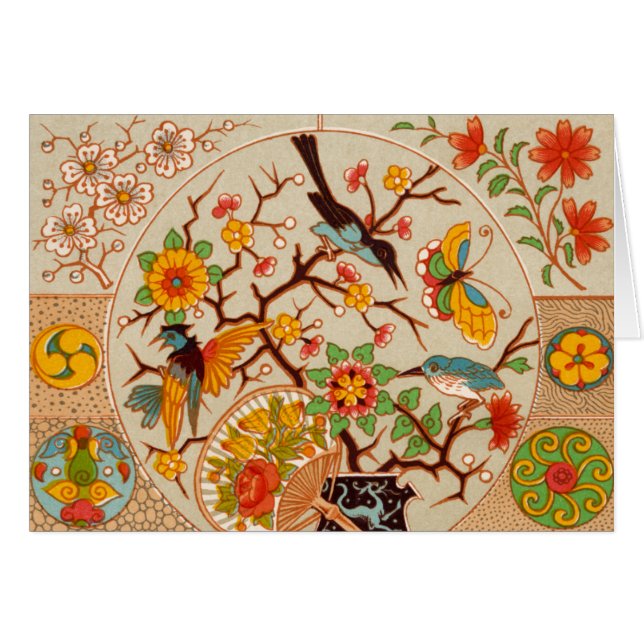 Tarjeta plegada de aves y mariposas (Anverso (Horizontal))