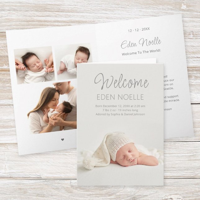Tarjeta plegada de bienvenida moderna de anuncio d (Folded birth announcement card with 3 photo collage and text for family and friends inside in gray.)
