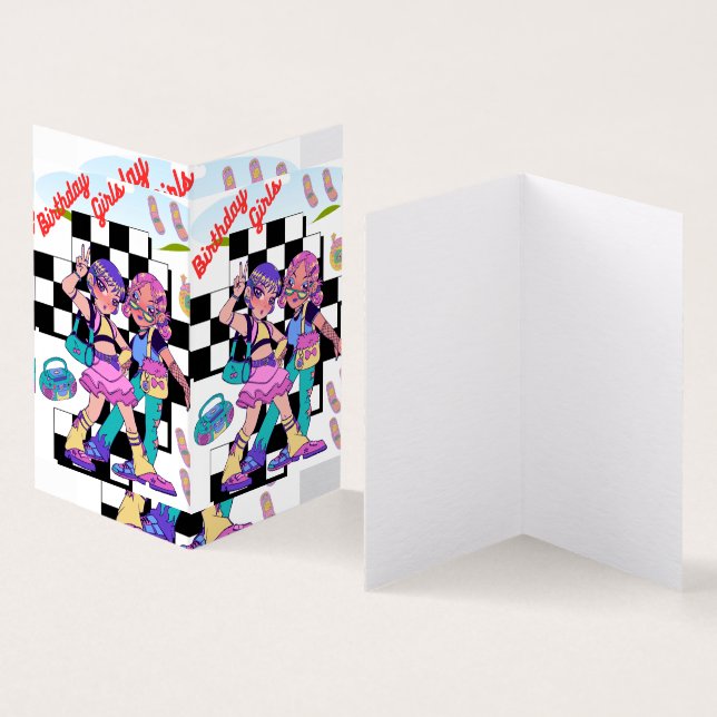 tarjeta plegada de chicas de cumpleaños de moda si (Interior y exterior)