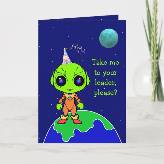 Tarjeta plegada de cumpleaños satírica Alien de Jo (Anverso)